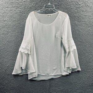 Truly 4‎ You Womens Top Large White Long Bell Sleeve Pullover Shirt BOHO Sheer